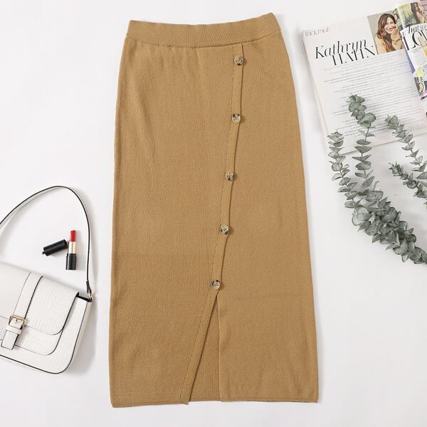 

Plus Oblique Button Slit Hem Knit Skirt, Camel