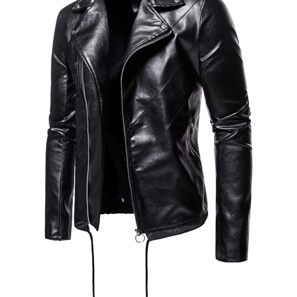 

Men Solid Zip Up PU Leather Hooded Moto Jacket, Black