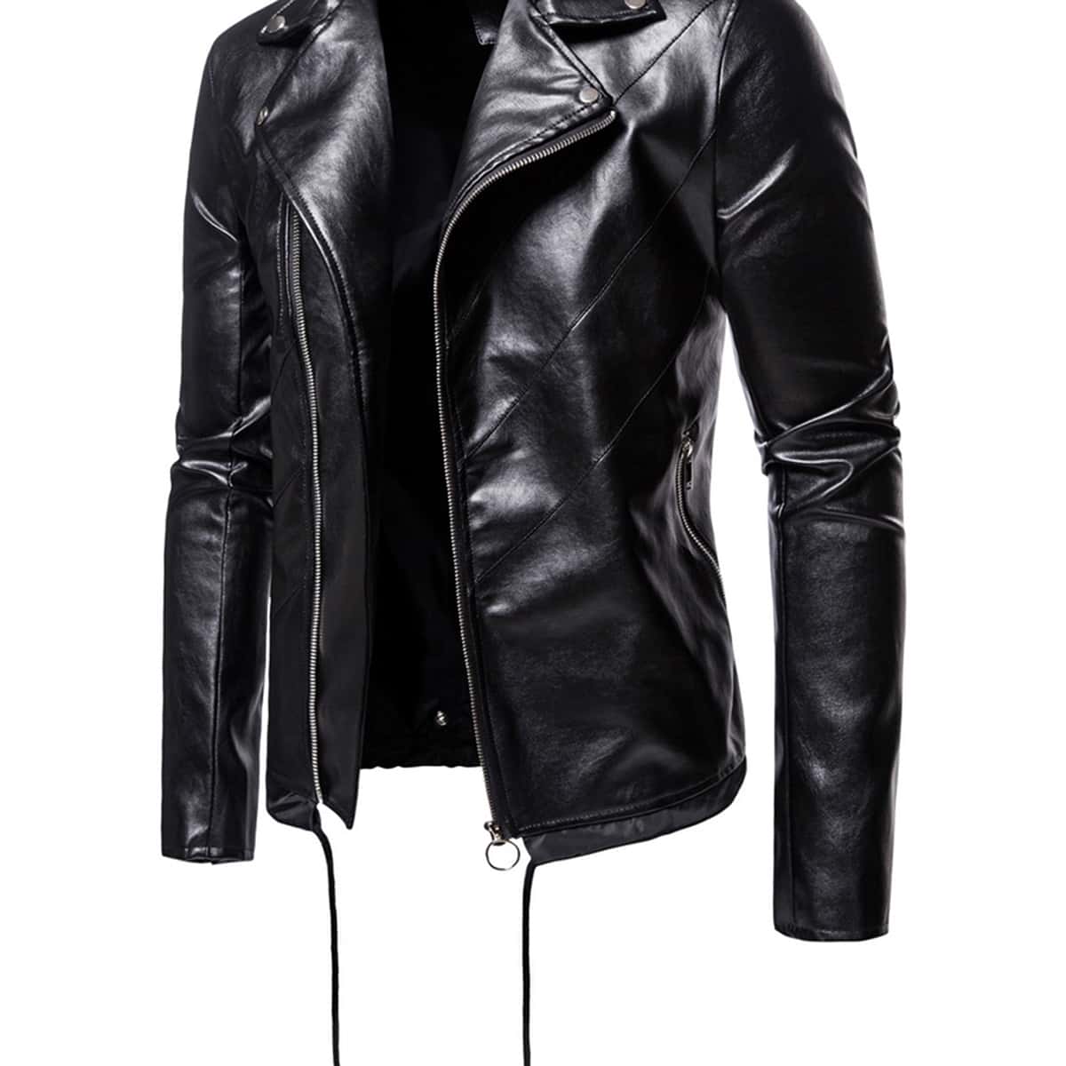 

Guys Solid Zip Up PU Leather Hooded Moto Jacket, Black