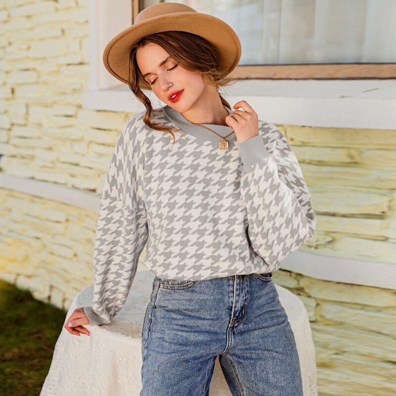 

Drop Shoulder Houndstooth Pattern Sweater, Grey