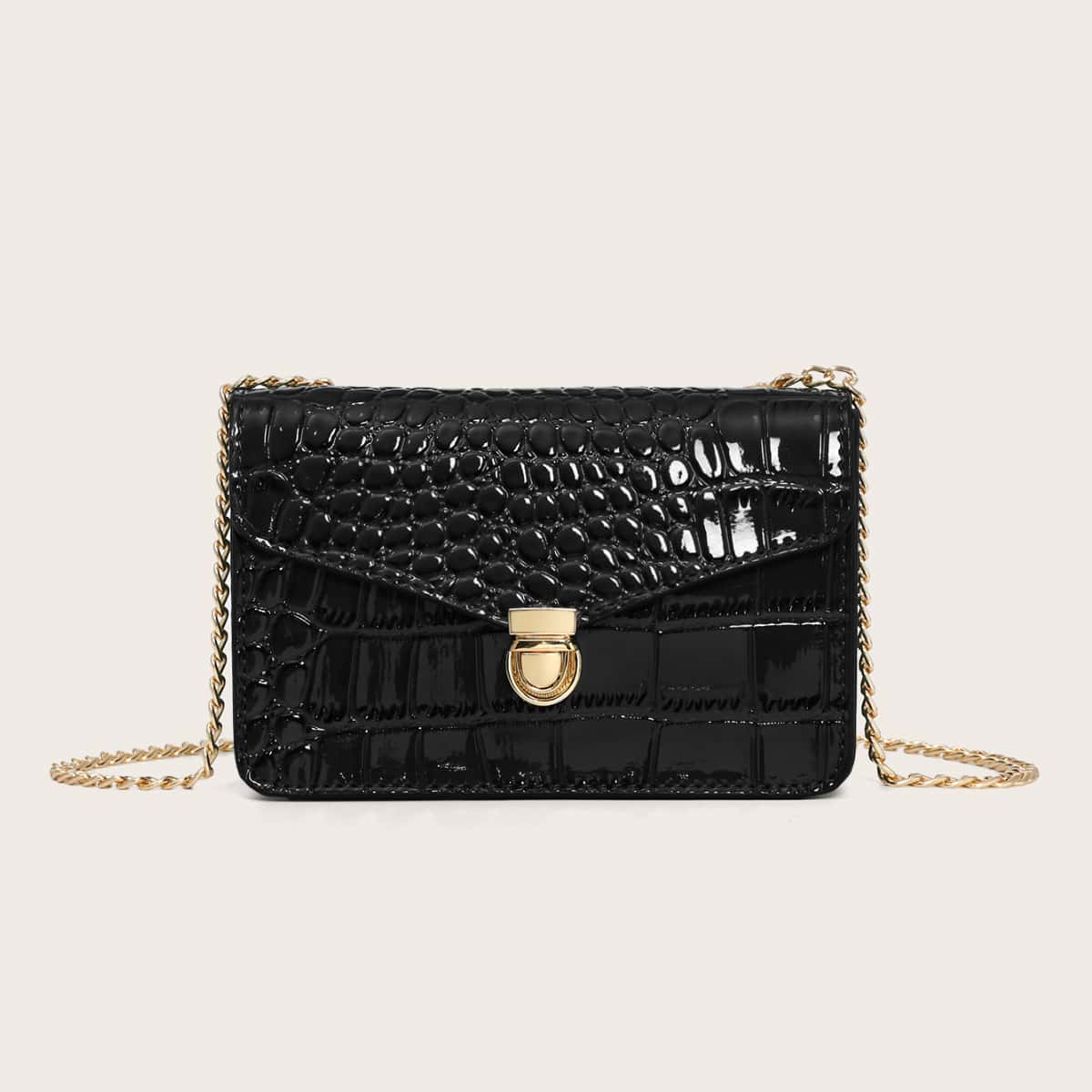 

Push Lock Croc Embossed Chain Bag, Black