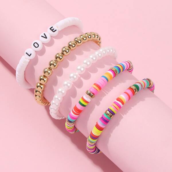 

5pcs Girls Colorful Beaded Bracelet, Multicolor