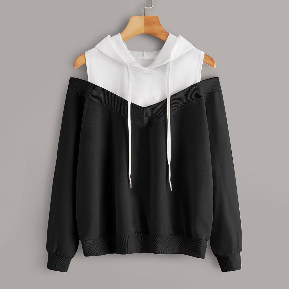 

2 In 1 Colorblock Cold Shoulder Hoodie, Black and white