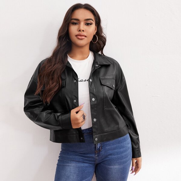 

Plus PU Flap Pockets Drop Shoulder Jacket, Black