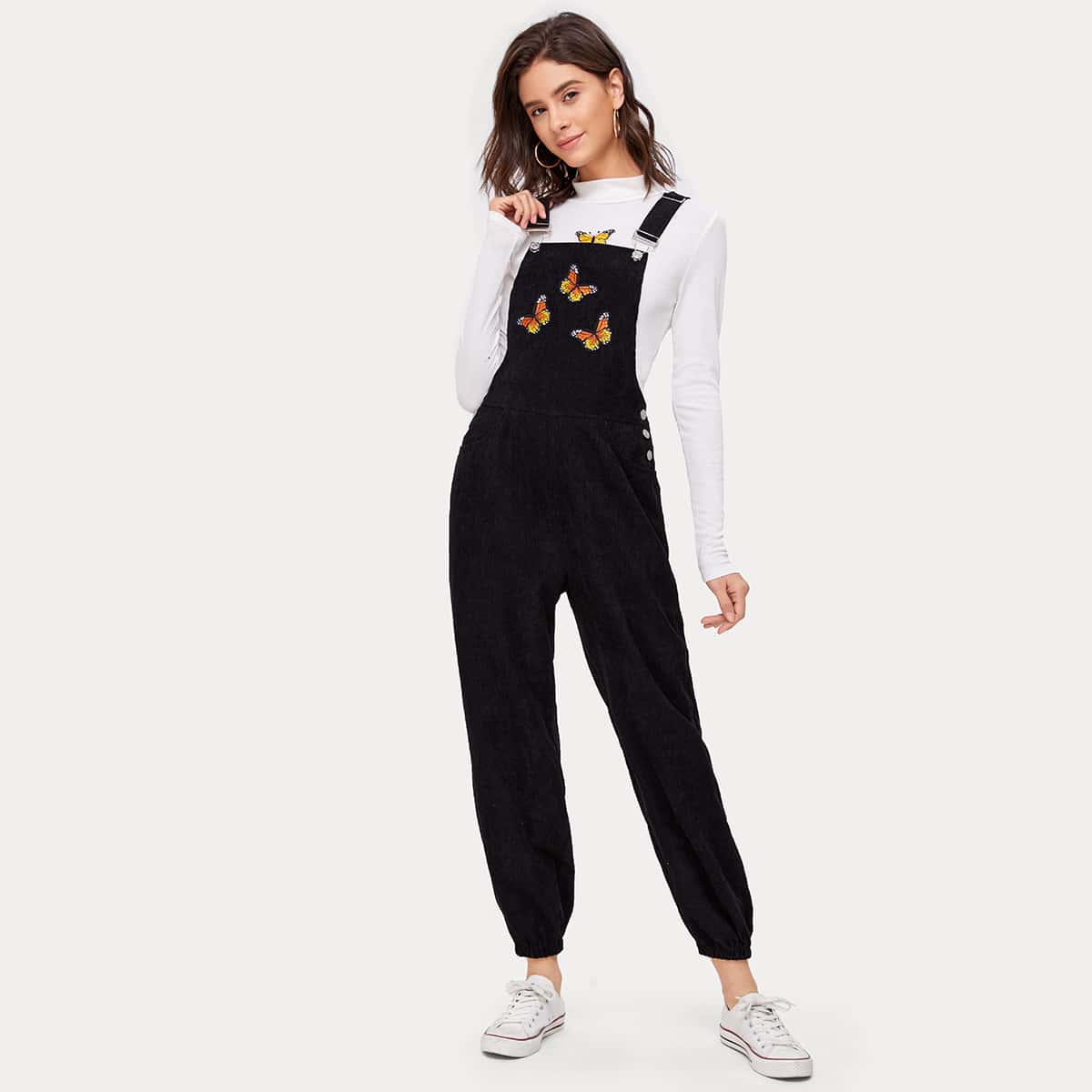 

Corduroy Butterfly Embroidery Overall Joggers, Black
