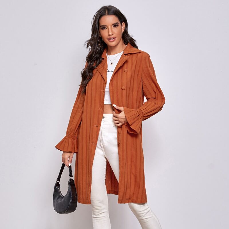 

Notch Collar Flounce Sleeve Striped Coat, Burnt orange