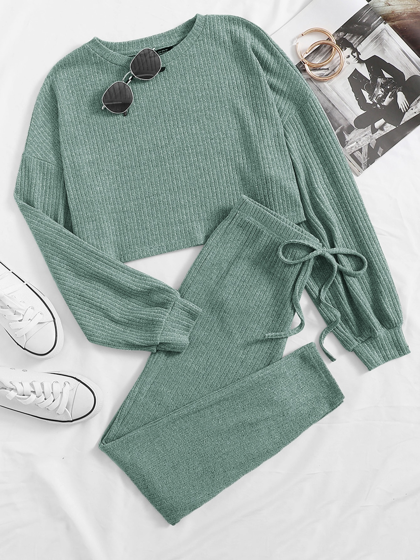 Drop Shoulder Rib-knit Tee and Knotted Leggings Set thumbnail