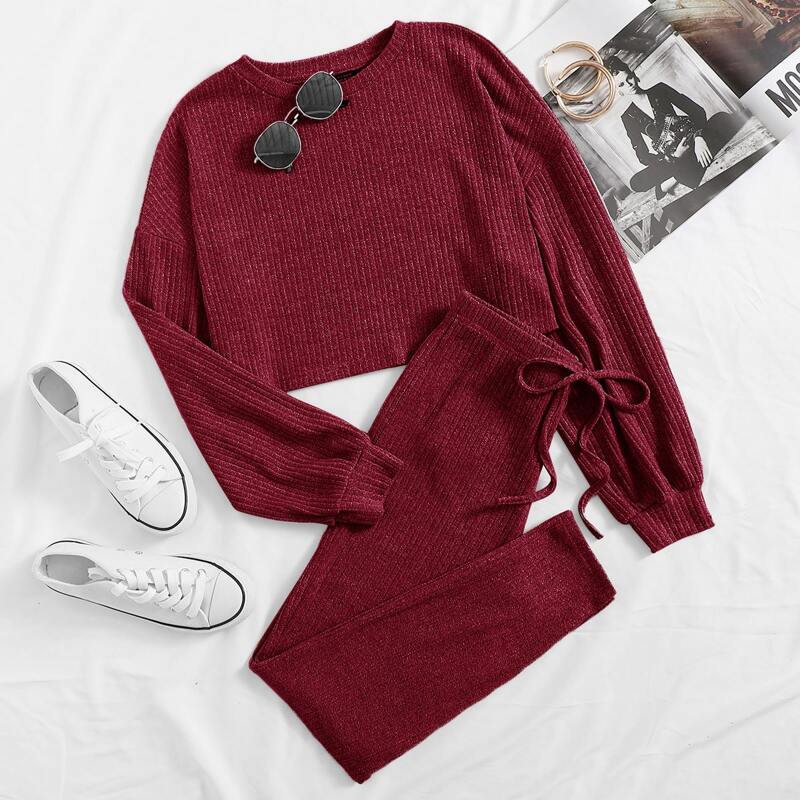 

Drop Shoulder Rib-knit Tee and Knotted Leggings Set, Burgundy