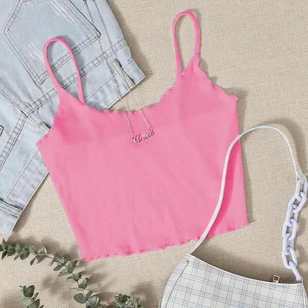 

Lettuce Trim Rib-knit Crop Cami Top, Pink bright