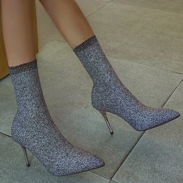

Point Toe Stiletto Heeled Knit Sock Boots, Grey