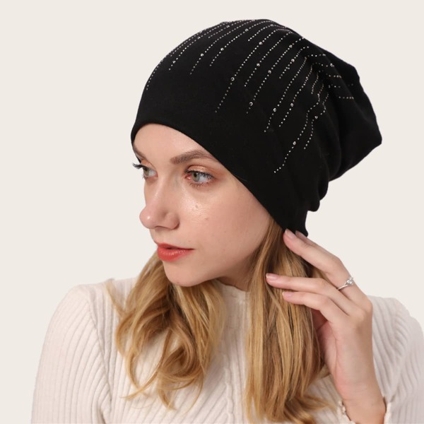 

Rhinestone Decor Beanie, Black