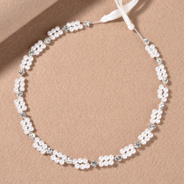 

Faux Pearl Beaded Headband, White