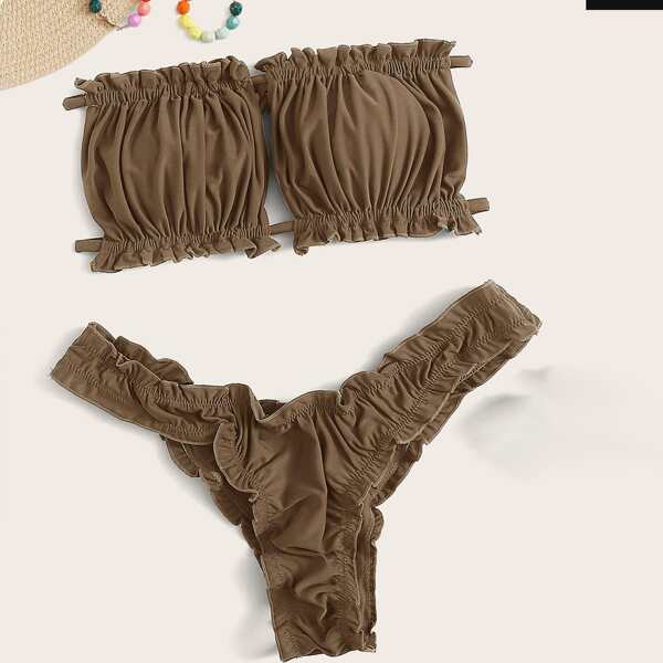 

Ruched Lettuce Trim Bandeau Bikini Swimsuit, Brown
