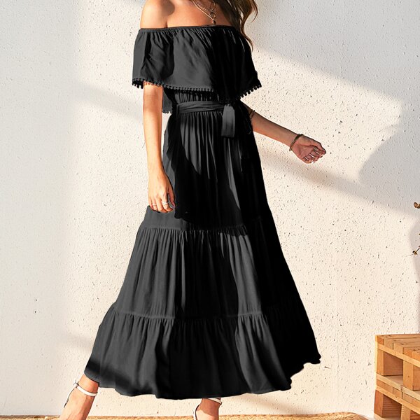 

Off Shoulder Flippy Hem Belted Dress, Black