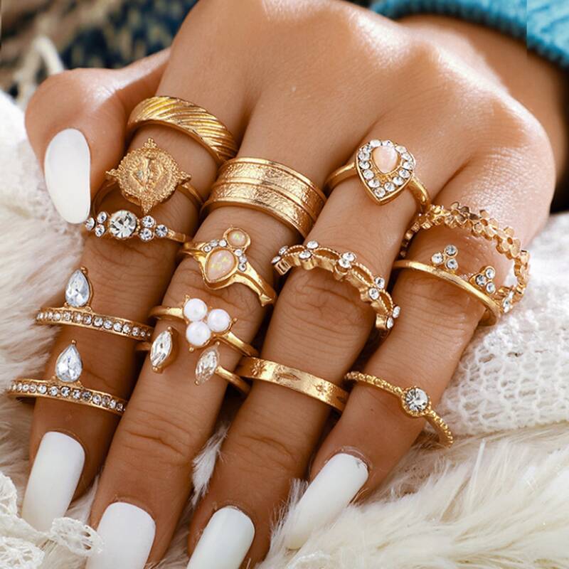 

15pcs Rhinestone Ring, Gold