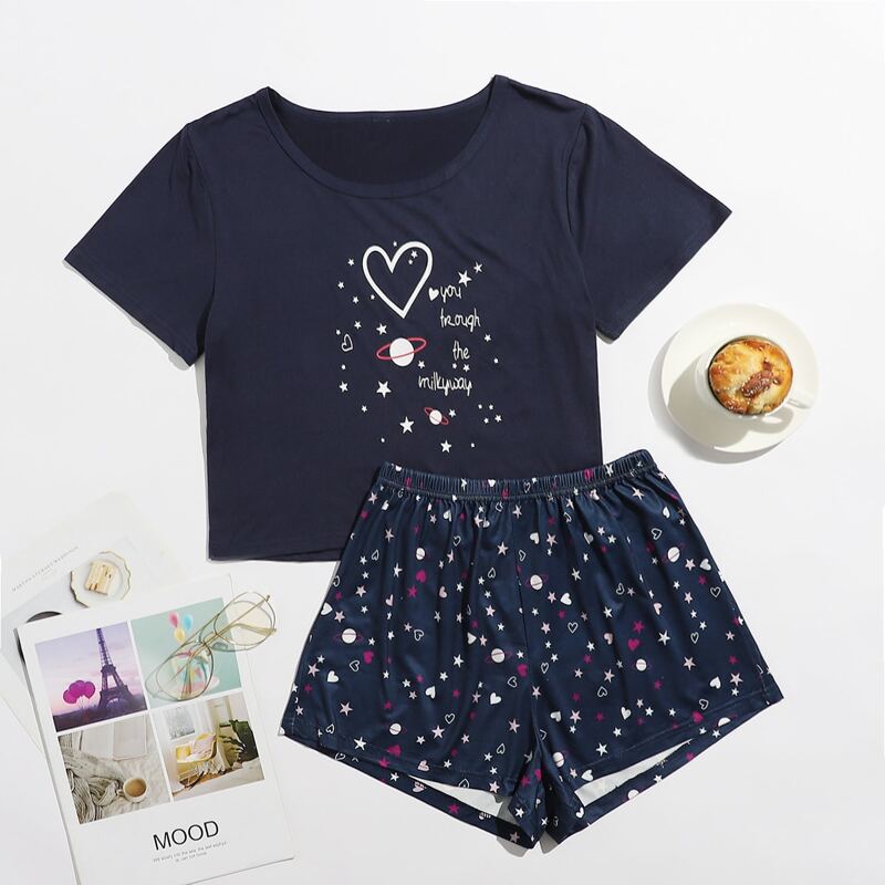 

Galaxy And Heart Print Pajama Set, Navy blue