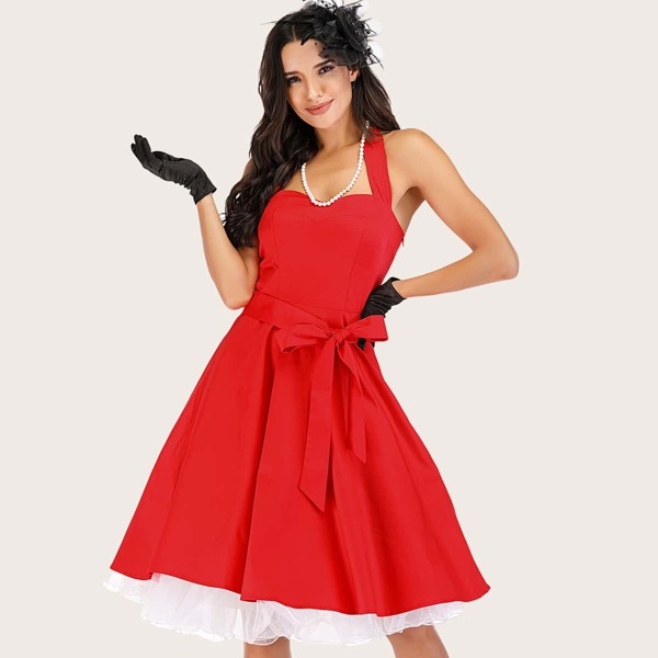 

Lace Up Back Belted Halter Dress, Red