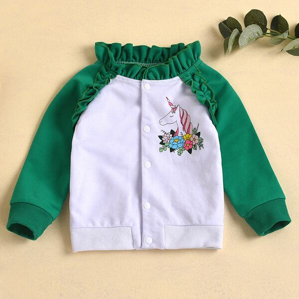 

Baby Girl Color Block Single Breasted Frill Trim Jacket, Multicolor