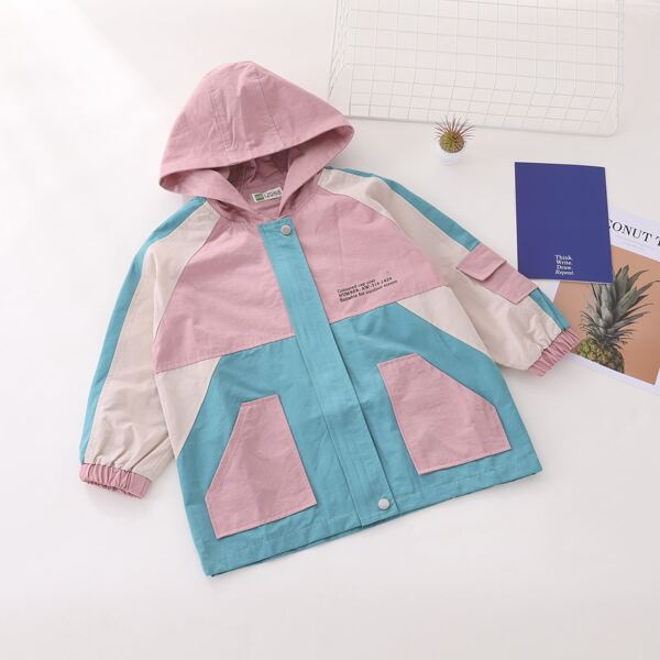 

Girls Color Block Letter Graphic Hooded Coat, Multicolor