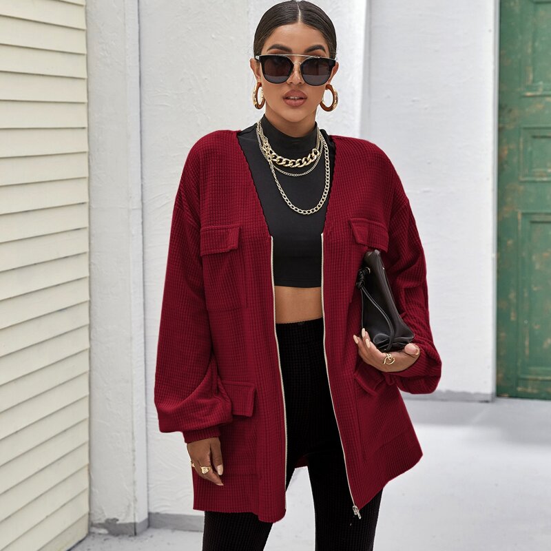 

Drop Shoulder Flap Pocket Textured Coat, Burgundy
