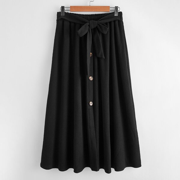 

Rib-knit Button Front Belted Skirt, Black