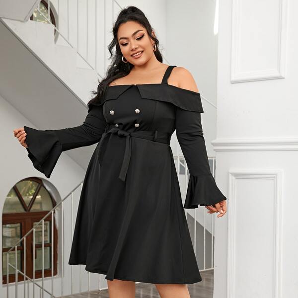 

Plus Foldover Cold Shoulder Double Breasted Belted Dress, Black