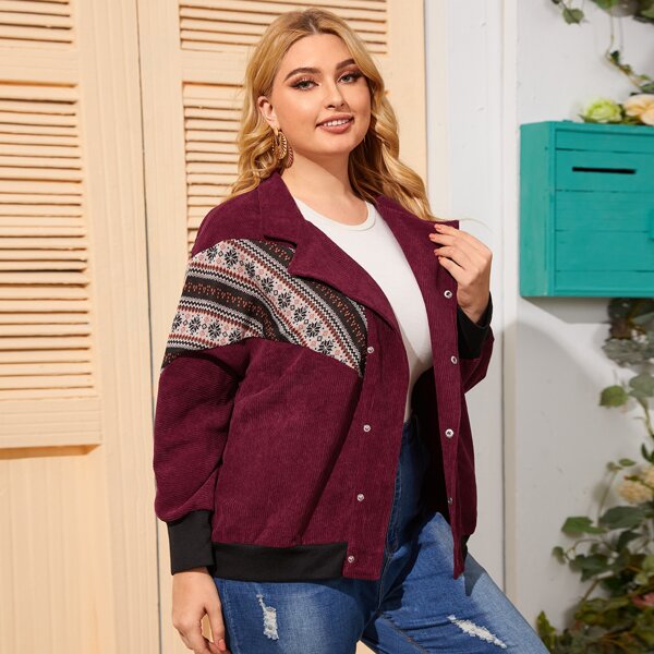 

Plus Corduroy Geo Print Chevron Panel Jacket, Maroon