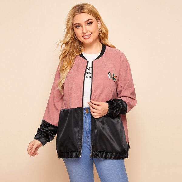 

Plus Suede Bird Embroidery Satin Spliced Bomber Jacket, Multicolor