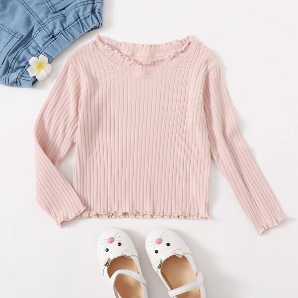 

Toddler Girls Solid Lettuce Trim Tee, Baby pink