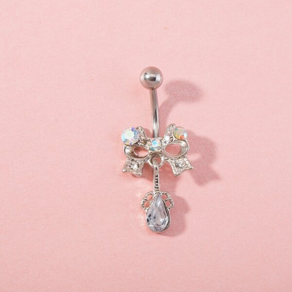 

Rhinestone Bow Decor Belly Ring, Silver