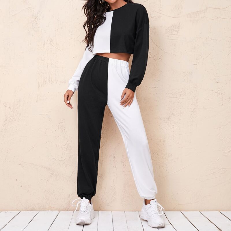 

Two Tone Drop Shoulder Crop Pullover & Joggers Set, Black and white