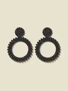 Rhinestone Hoop Drop Earrings - Black - View 1