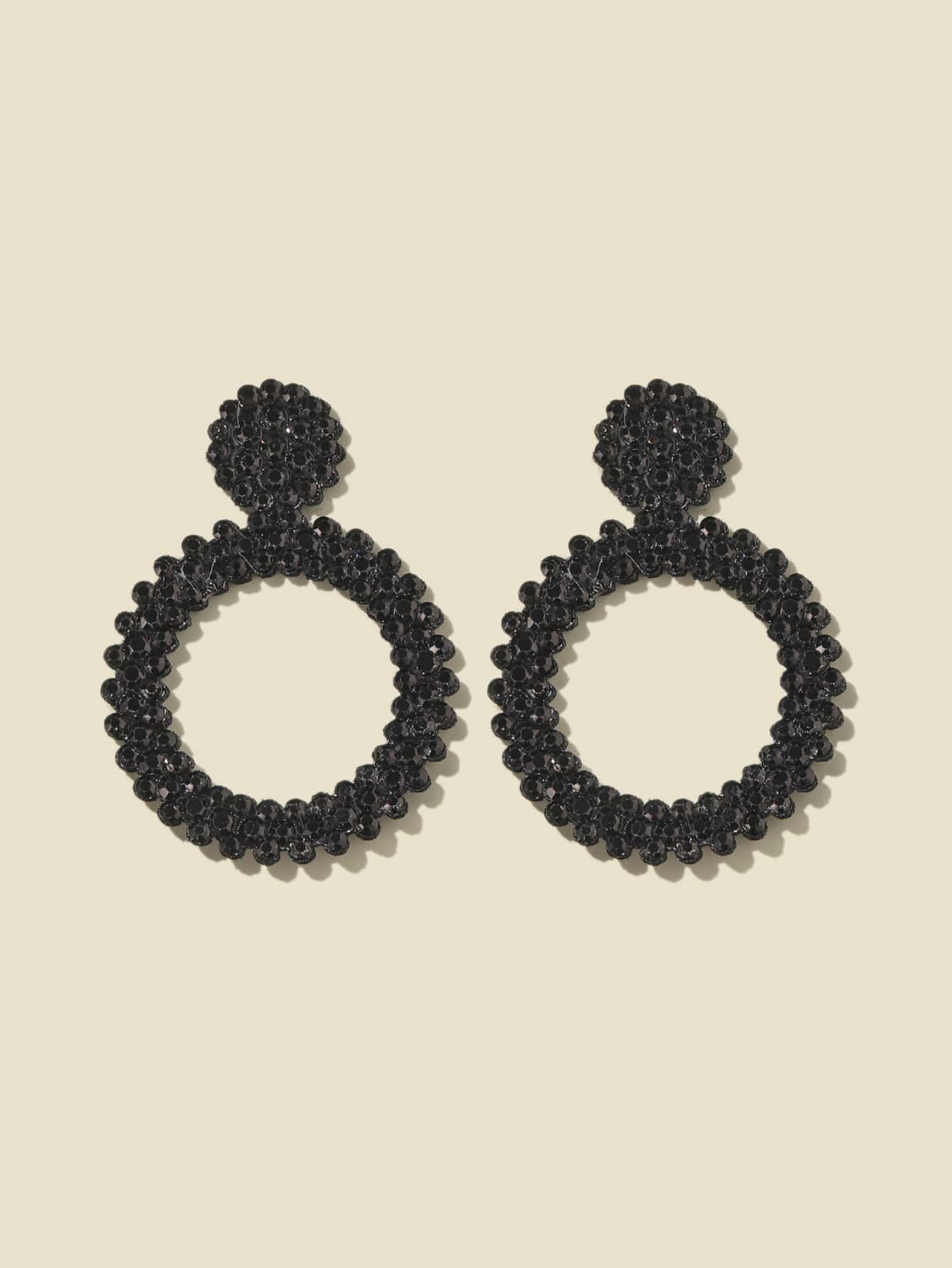 Rhinestone Hoop Drop Earrings - Black - View 1