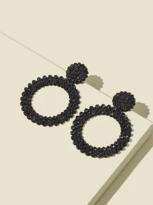 Rhinestone Hoop Drop Earrings - Black - View 2