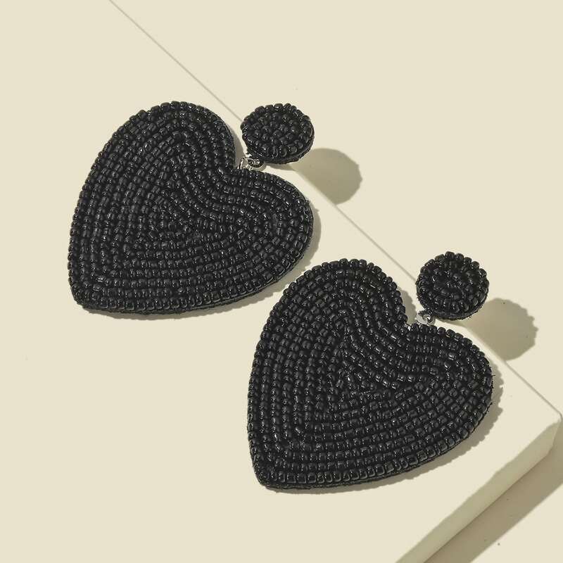 

Beaded Heart Charm Drop Earrings, Black