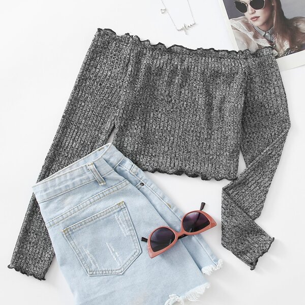 

Off Shoulder Lettuce Trim Rib-knit Crop Top, Dark grey