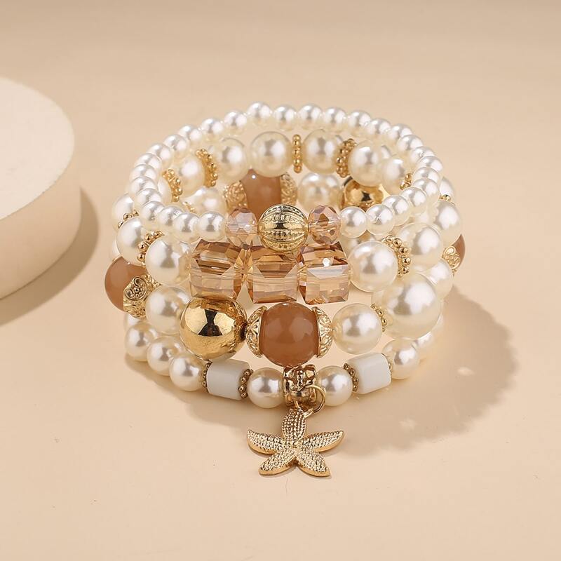 

4pcs Starfish Charm Beaded Bracelet, Multicolor