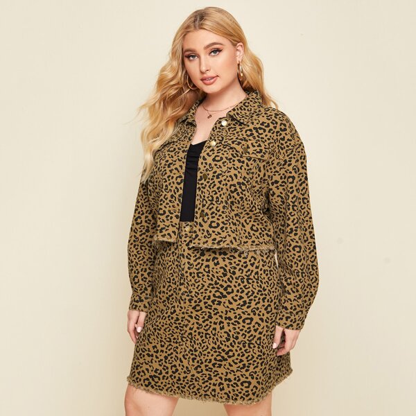 

Plus Raw Hem Leopard Denim Jacket & Skirt Set, Multicolor