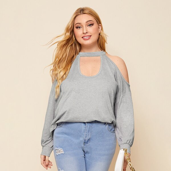 

Plus Solid Cold Shoulder Peekaboo Tee, Light grey