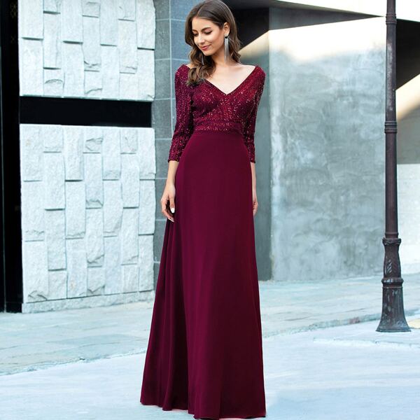 

Contrast Sequin Chiffon Prom Dress, Maroon