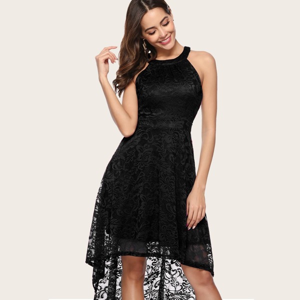 

High Low Hem Lace Halter Dress, Black