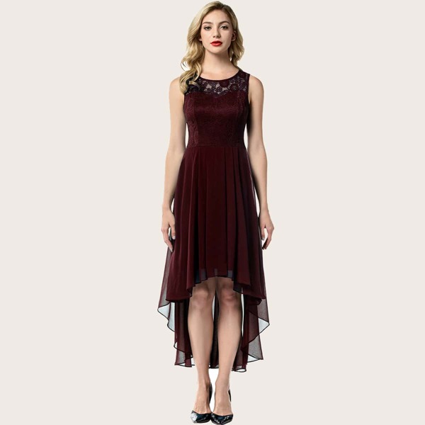 

High Low Hem Lace Bodice Dress, Maroon
