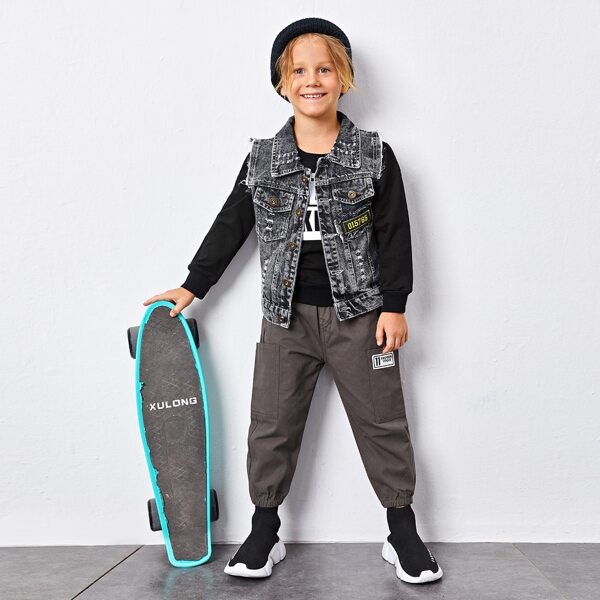 

Toddler Boys Number Patched Frayed Edge Denim Vest, Black