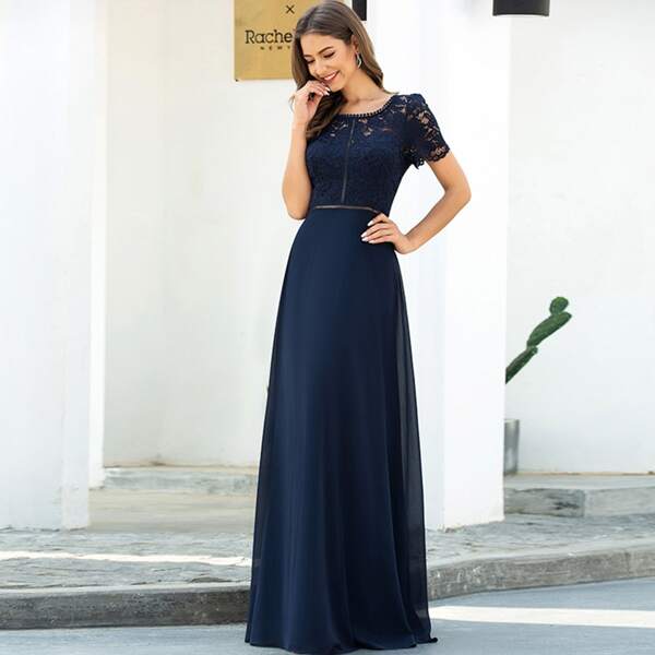 

Sheer Yoke Lace Bodice Chiffon Prom Dress, Navy blue