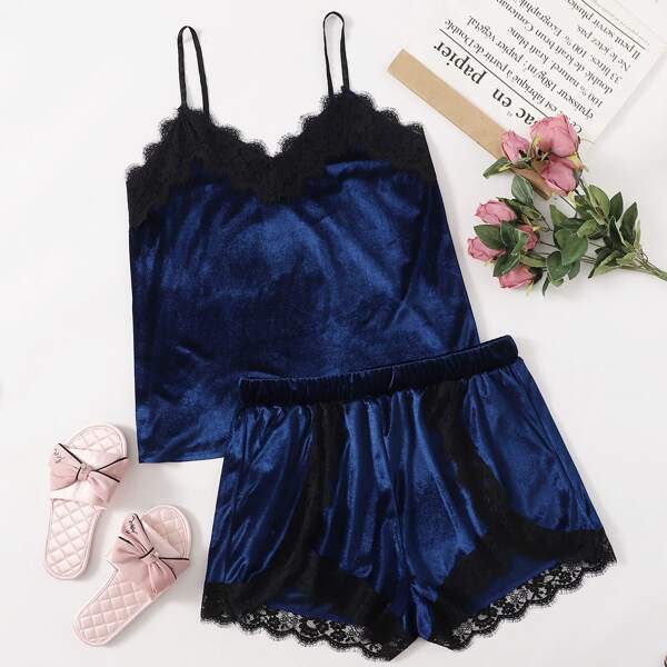 

Plus Contrast Lace Scallop PJ Set, Navy blue