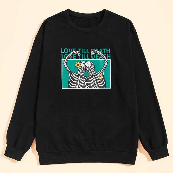 

Guys Halloween Skeleton & Slogan Graphic Sweatshirt, Black