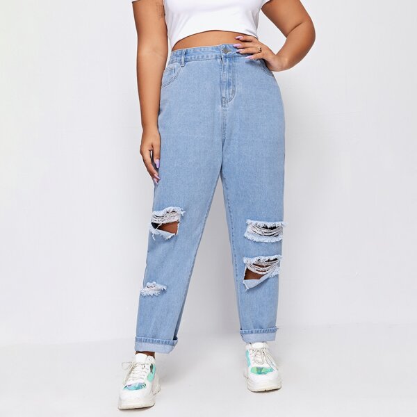 

Plus Ripped Zipper Fly Mom Jeans, Light wash