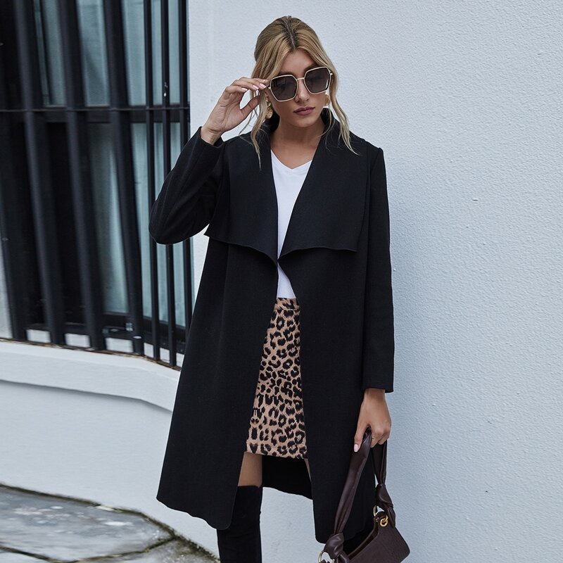 

Waterfall Collar Open Front Belted Overcoat, Black