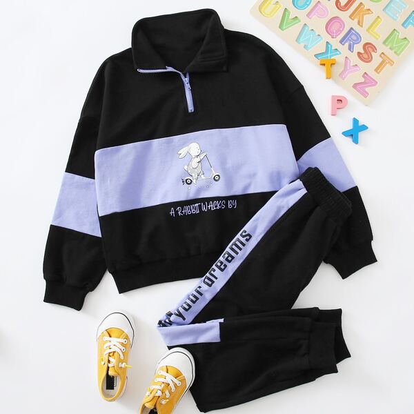 

Girls Rabbit and Slogan Print Zip Half Placket Sweatshirt and Joggers Set, Black