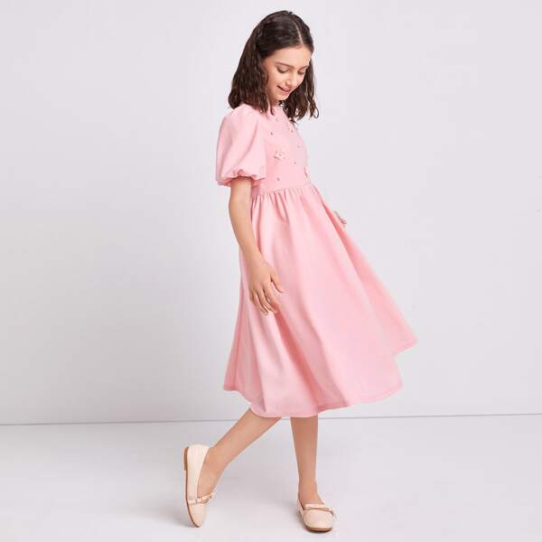 

Girls Pearl Beaded 3D Floral Applique Puff Sleeve Dress, Baby pink